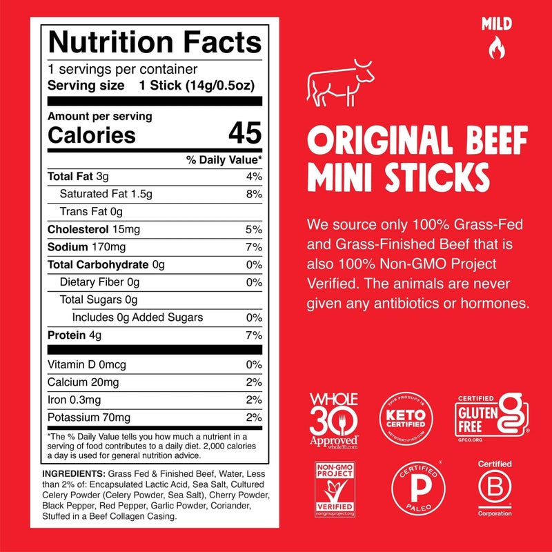 Chomps Snack Size Grass-Fed Original Beef Jerky Snack Sticks 0.5oz 24-Pack - Keto, Paleo, Whole30, 4g Lean Meat Protein, Gluten-Free, Zero Sugar Food, Non-GMO Chomplings - Image 2